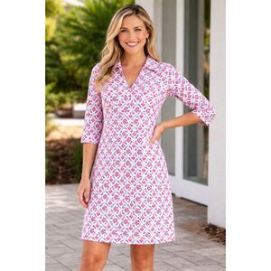 Katherine Way Pink , Blue & White Print 3/4 Sleeve Dress Size Small Made in USA